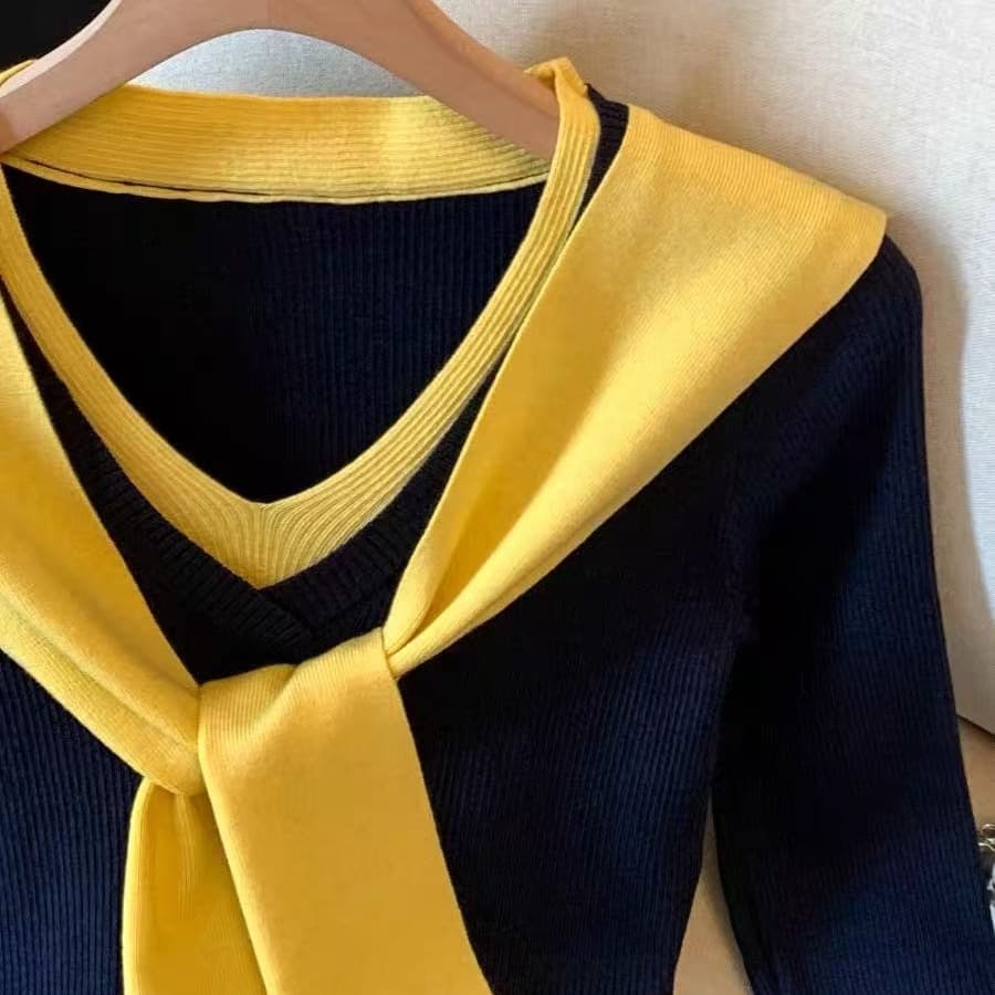 한 부서 부드러운 바람 긴팔 니트 스웨터 여성 여름 새로운 V넥 몸매 가꾸기 슬림해 보이는 페이크 레이어드 Chic 숄 맨위 이미지 5