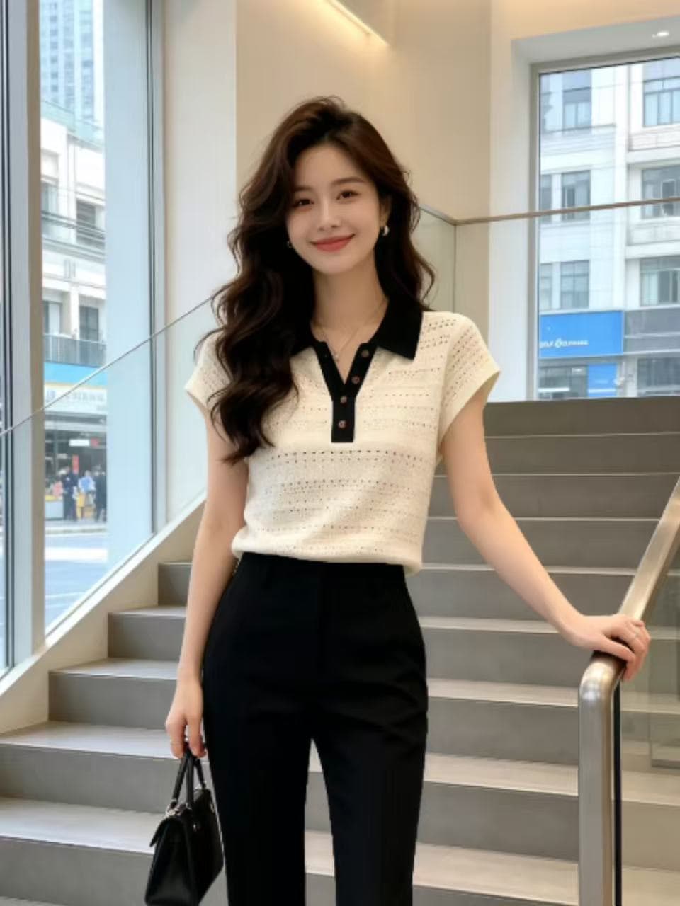 여름 새로운 한 부서 패션 품격 고급 슬림해 보이는 폴로 칼라 반팔 니트 티셔츠 홀로우 아웃 맨위 여성 의류 폭발 상세 이미지 4