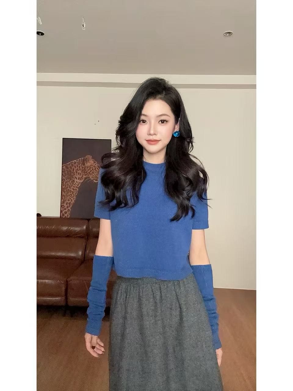 한국 스타일 파란색 반하이넥 소매 커버 니트 스웨터 여성 2026 조기 가을 새로운 품격 슬림해 보이는 반팔 스웨터 맨위 상세 이미지 5
