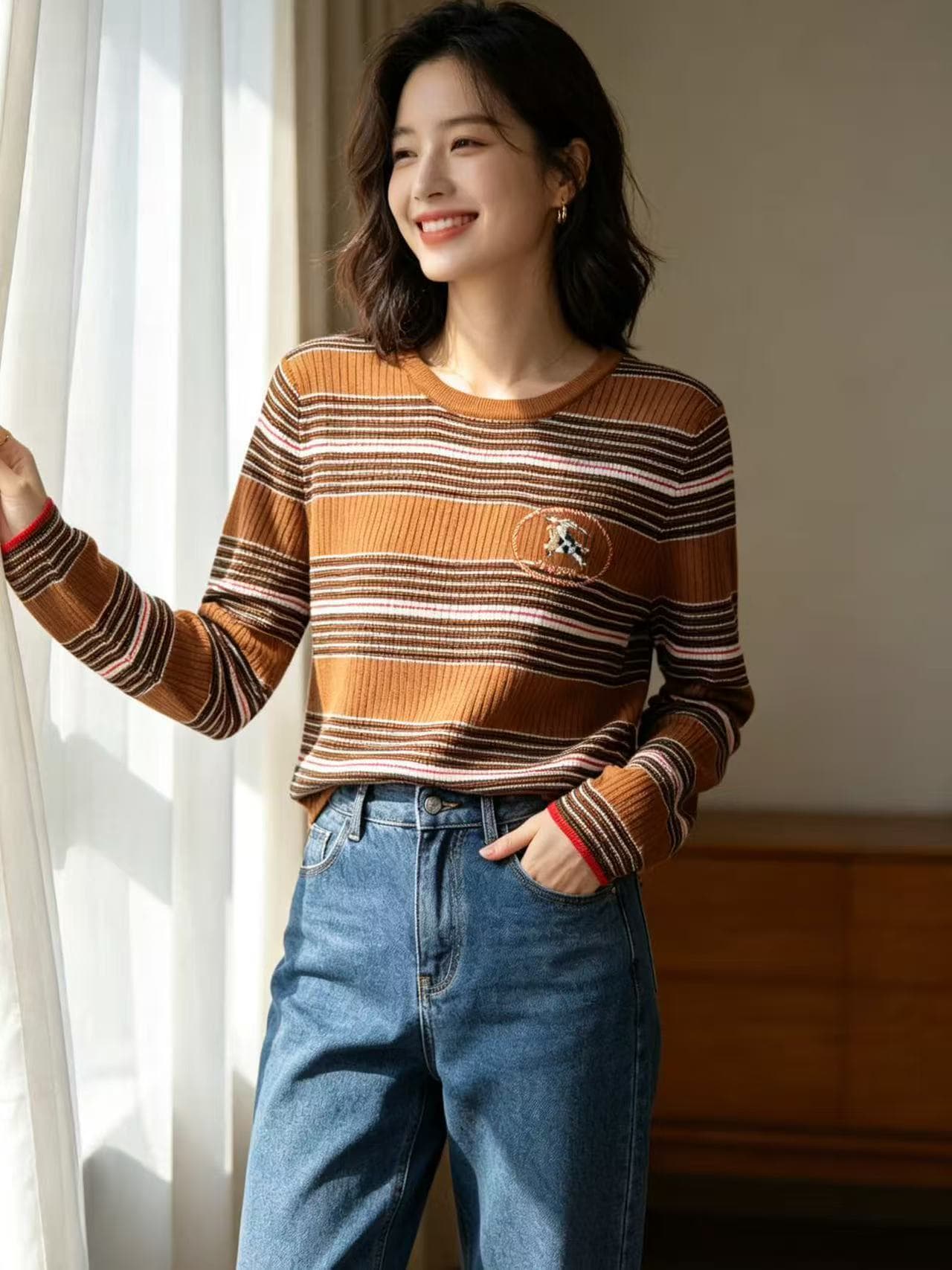 용 안녕하세요. 어린이 니트 티셔츠 여성 복잡한 고대 돈 바람 패션 배색 스트라이프 POLO 칼라 몸매 가꾸기 반팔 z385 상세 이미지 2