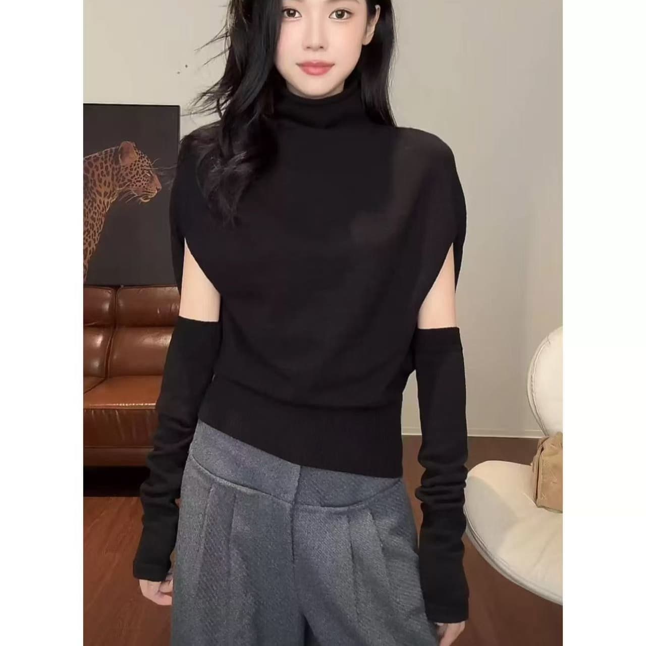 한 부서 박하 녹색 반하이넥 배트윙 소매 니트 스웨터 여성 가을 겨울 디자인 센스 느긋한 스웨터 인사이드 가져 가라. 만나는 맨위 이미지 5