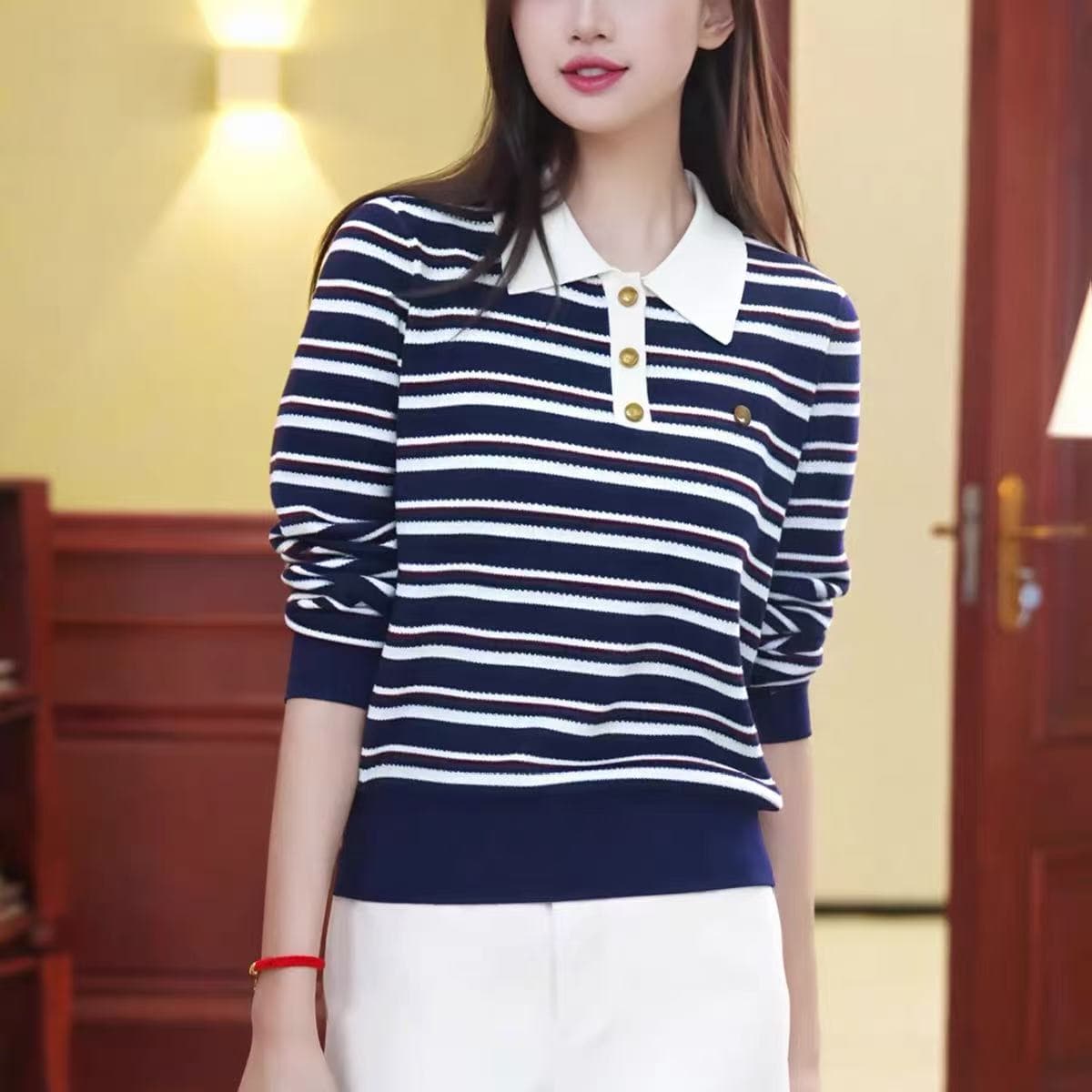 2026 가을 새로운 패션 여성 한국 스타일 디자인 센스 스트라이프 POLO 칼라 스트라이프 긴팔 니트 스웨터 맨위 이미지 5