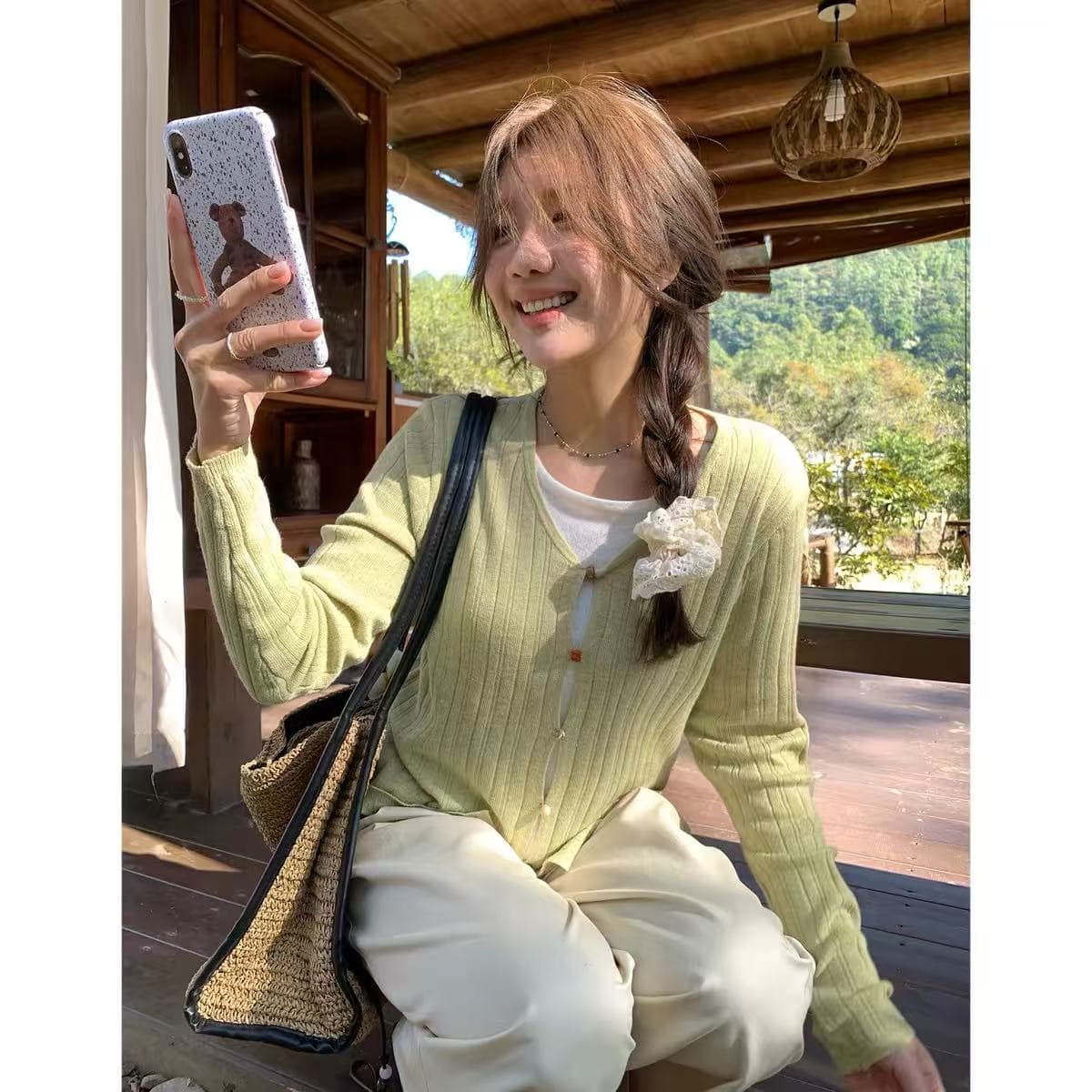 sisilyon 안개 가을 빛 머리말 부드러운 부서 호박색 구슬 버클 페이크 레이어드 니트 스웨터 여성 부드러운 센스 Chic 맨위 상세 이미지 4