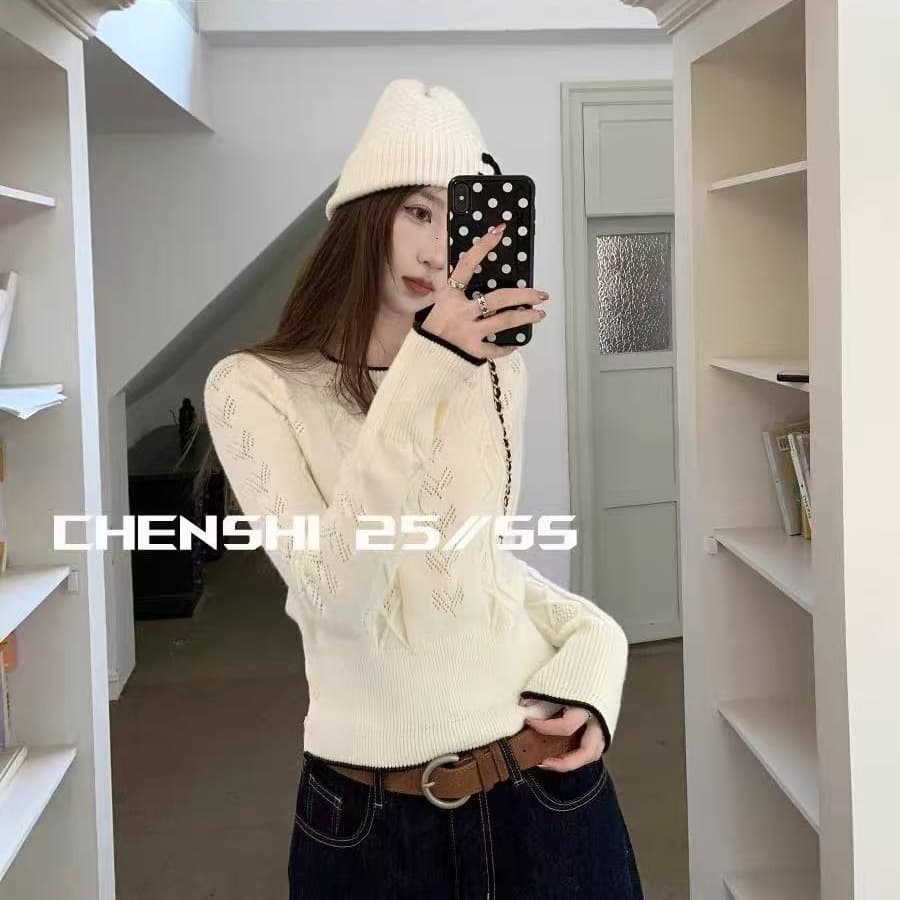 chen shi 우아함 너처럼 A 난초 짜다 라운드 넥 패치워크 색상 니트 스웨터 맨위 밑단 수 있습니다. 트임 스웨터 이미지 5