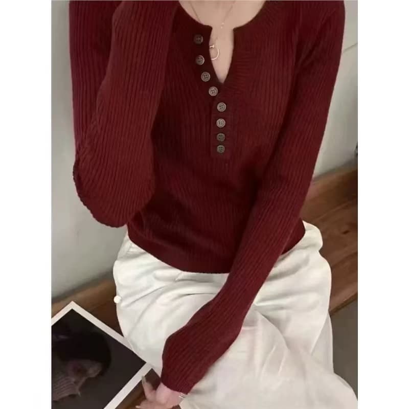 디자인 센스 반 개방 칼라 긴팔 니트 기본 셔츠 여성 가져 가라. 겨울 새로운 연령 감소 품격 슬림해 보이는 단색 스웨터 가을