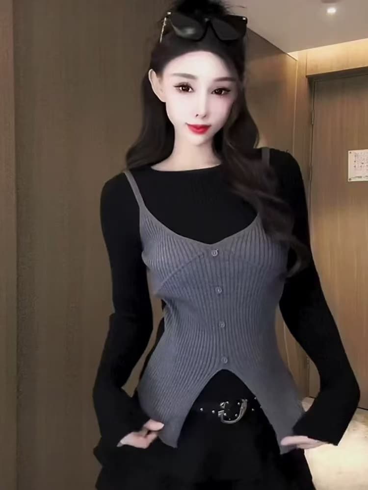 2026 봄 새로운 패션 라운드 넥 패치워크 외국 가스 털 니트 스웨터 여성 페이크 레이어드 몸매 가꾸기 슬림해 보이는 인사이드 잡아라. 의류 상세 이미지 1