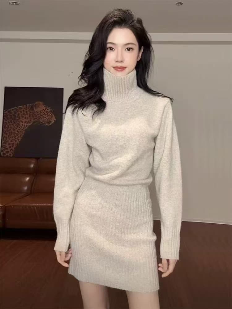 한국 스타일 터틀넥 긴팔 니트 여성 드레스 가을 겨울 허리 수축 슬림해 보이는 다용도 고급 센스 만나는 타이트 스커트 짧은 치마 상세 이미지 1