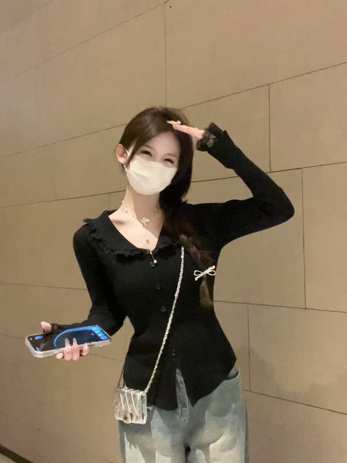 프랑스식 부드러운 바람 베이비 칼라 레이스 조각 긴팔 니트 스웨터 맨위 여성 가을 겨울철 몸매 가꾸기 인사이드 가져 가라. 기본 셔츠 상세 이미지 3