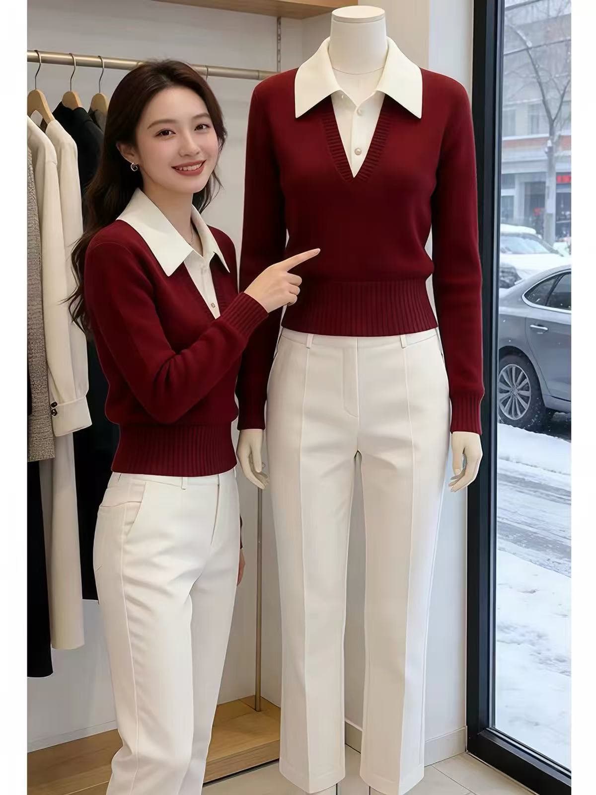 한 부서 부드러운 바람 폴로 칼라 페이크 레이어드 니트 스웨터 여성 2026 가을 겨울 몸매 가꾸기 V넥 일상 출퇴근 부드러운 찹쌀 맨위 상세 이미지 5