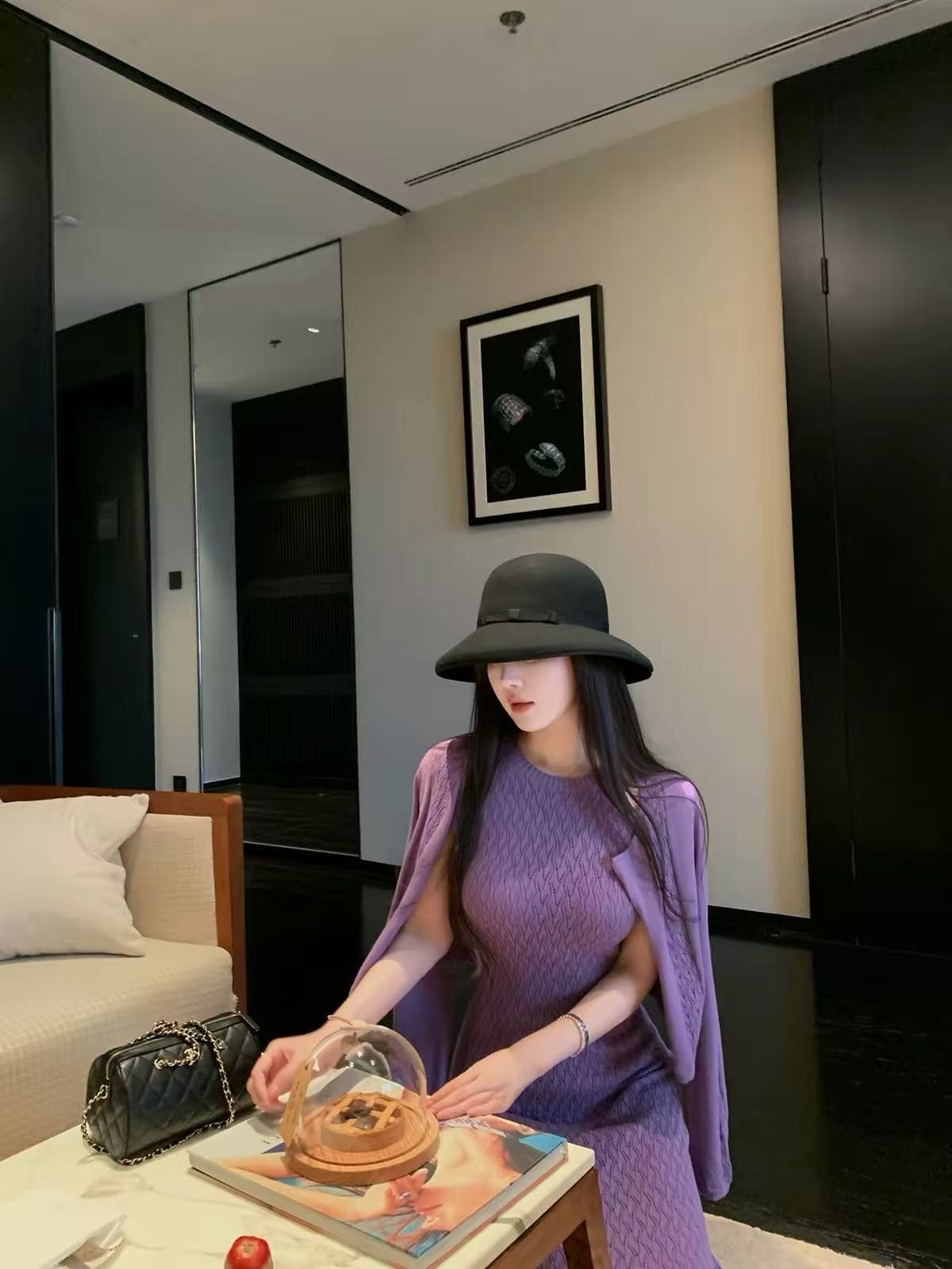 the swan 부문 피닉스 빛 럭셔리 부드러운 자매 프랑스식 우아함 링 그리드 니트 오픈 가디건 몸매 가꾸기 타이트 스커트 드레스 이미지 3