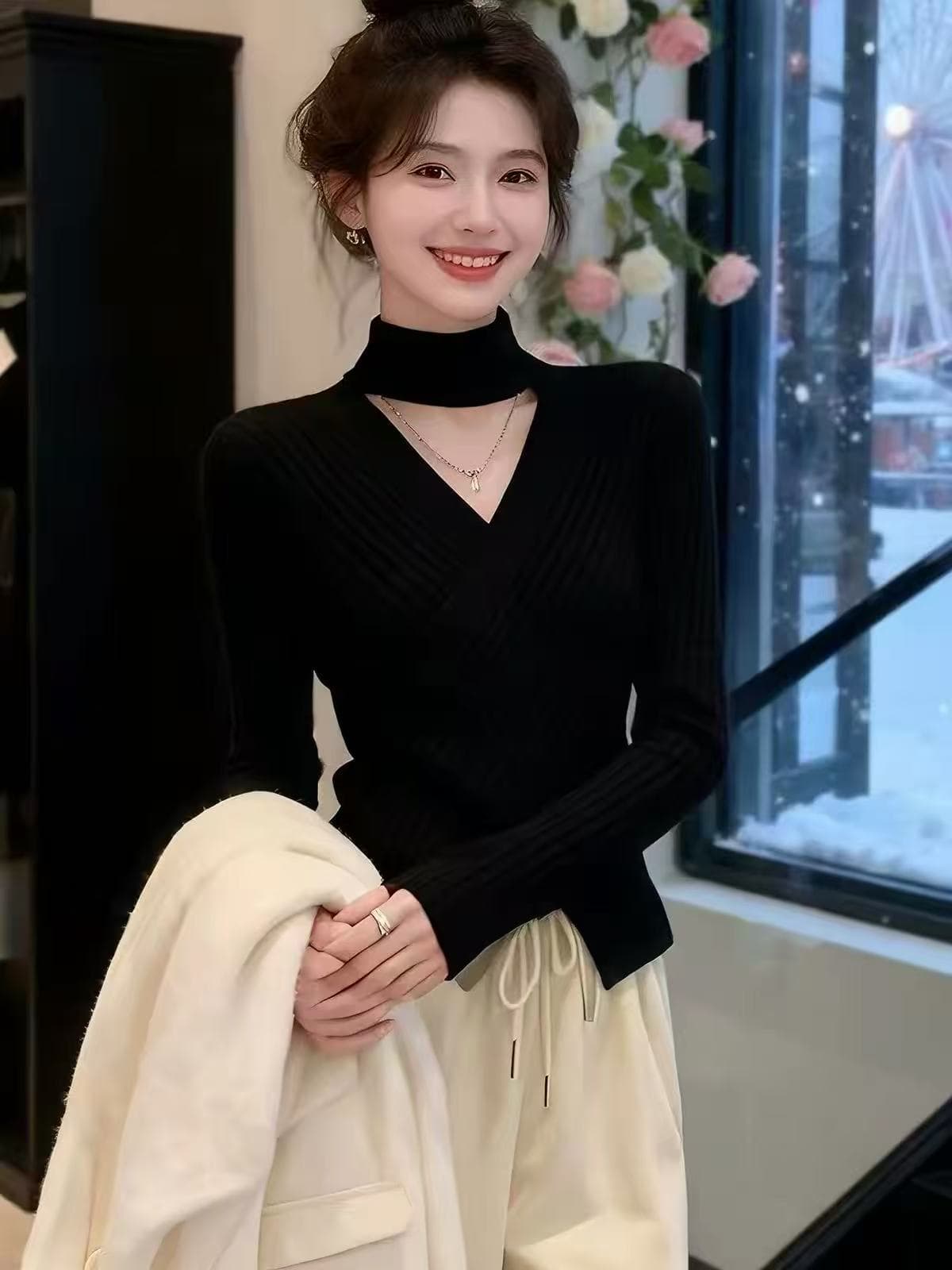 겨울 검정색 행침 목 기본 셔츠 여성 2026 새로운 빛 럭셔리 고급 센스 스웨터 슈퍼 화재 작은 대중 아니요 명중 섹션 맨위 이미지 3