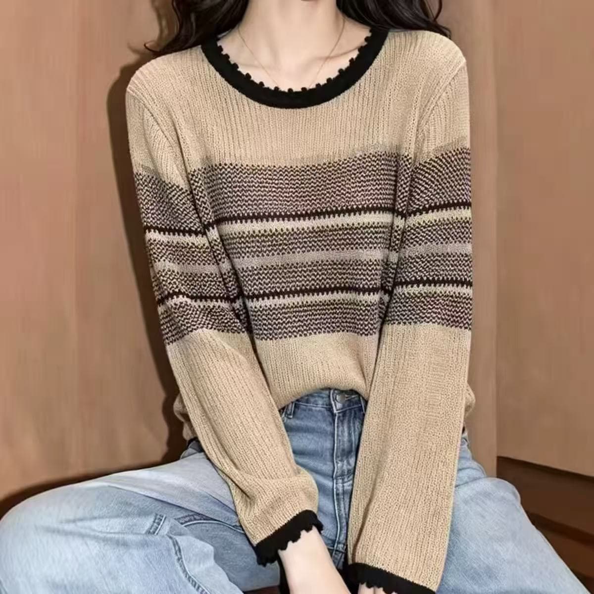 이른 가을 새로운 레트로 스트라이프 라운드 넥 긴팔 니트 스웨터 여성 2026 새로운 패션 외국 가스 느긋한 바람 맨위 여성 상세 이미지 1