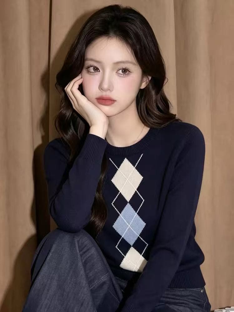 2026 가을 새로운 레트로 외국 가스 디자인 센스 슬림해 보이는 풀오버 링 그리드 긴팔 라운드 넥 니트 스웨터 여성 의류 맨위 이미지 4