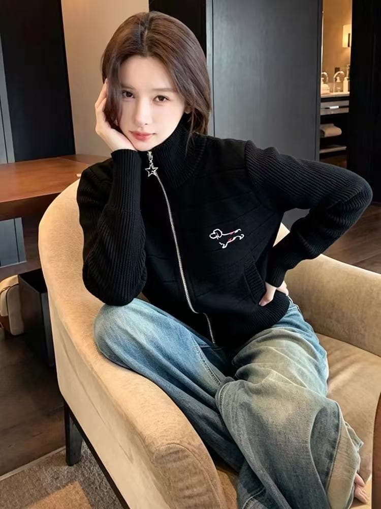 가을 겨울 새로운 학원 스타일 네 도로 바 뒤로 강아지 자수 지퍼 스탠드 칼라 니트 오픈 가디건 트렌디 이미지 2