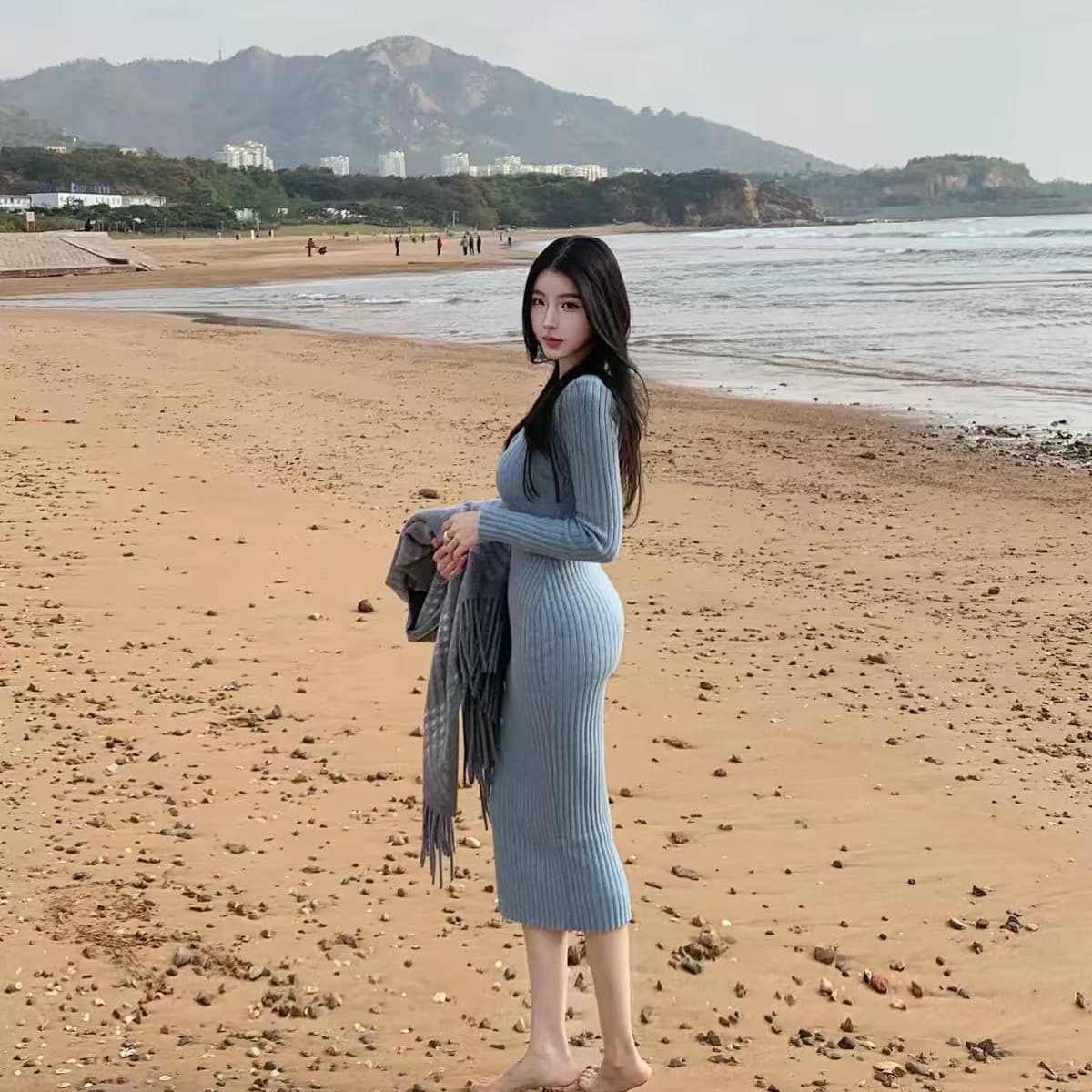 farte shop 안개 바다 诗行 단색 긴팔 니트 여성 드레스 가을 겨울 광장 칼라 몸매 가꾸기 타이트 스커트 상세 이미지 2