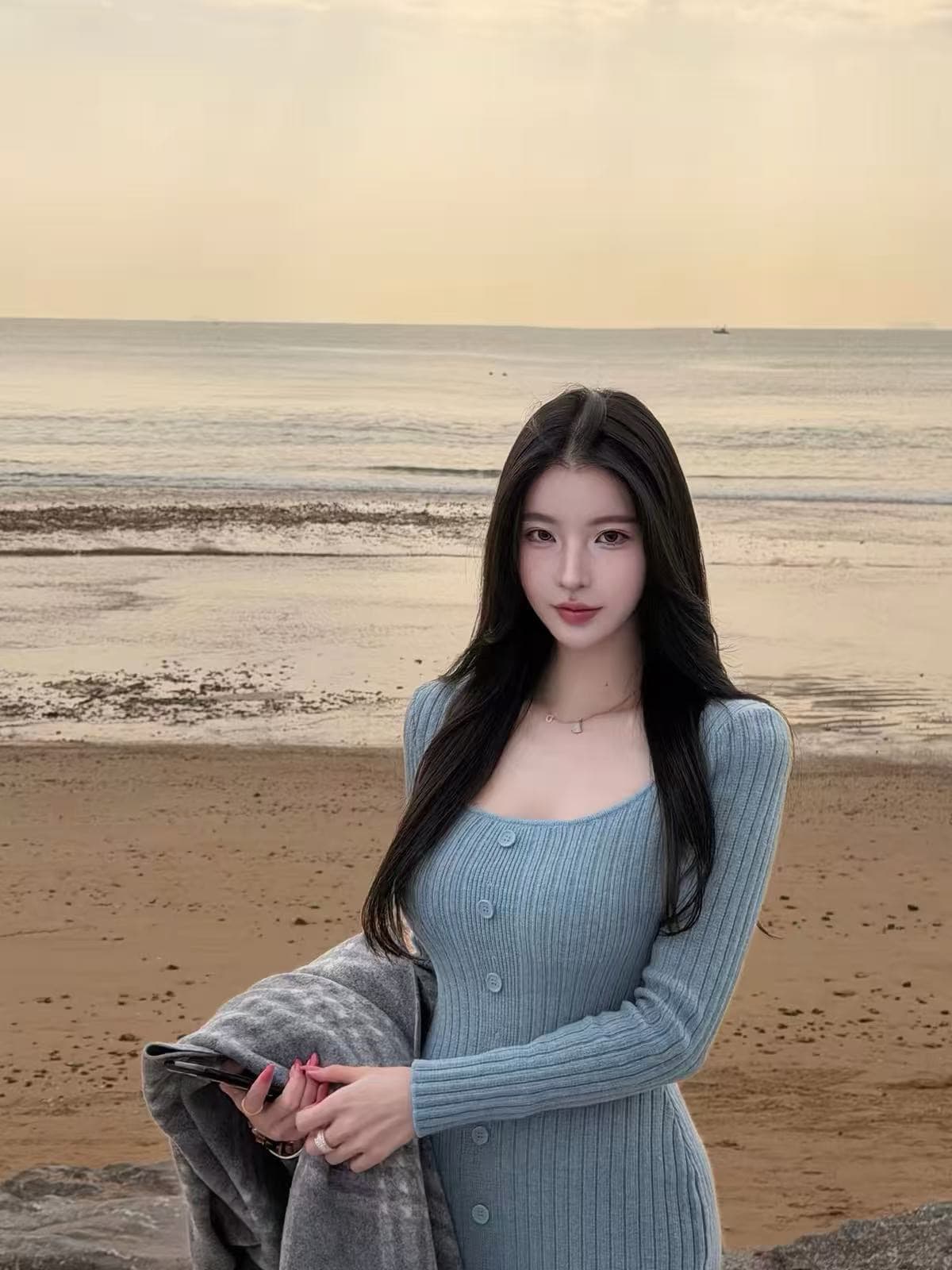 farte shop 안개 바다 诗行 단색 긴팔 니트 여성 드레스 가을 겨울 광장 칼라 몸매 가꾸기 타이트 스커트 상세 이미지 3