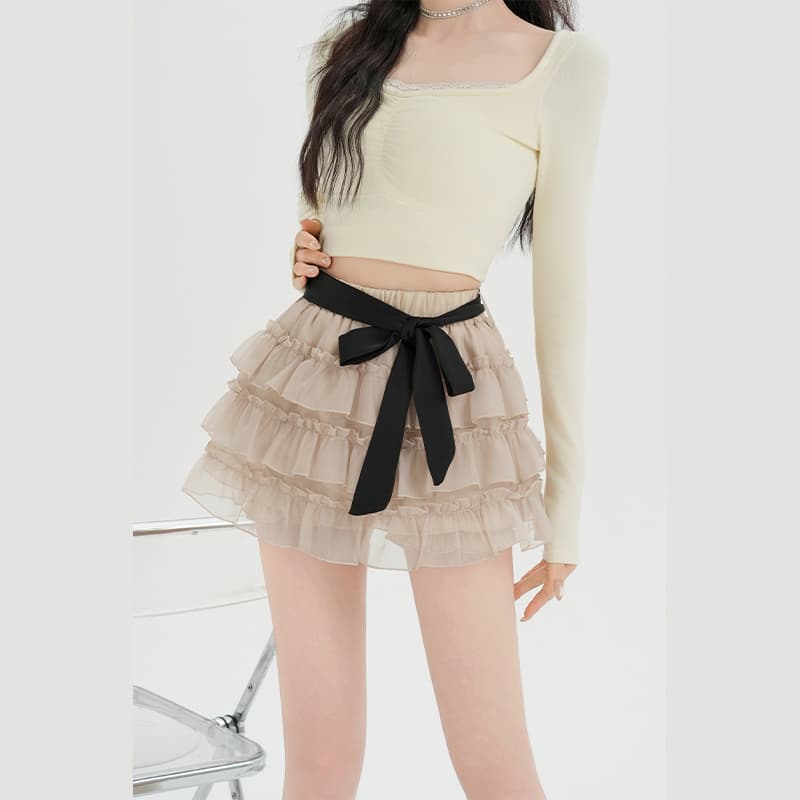 실사 달콤한 스타일 나비 넥타이 케이크 반신 스커트 여성 새로운 소녀 센스 노출 방지 한 마디 퍼프 미니 스커트 이미지 6