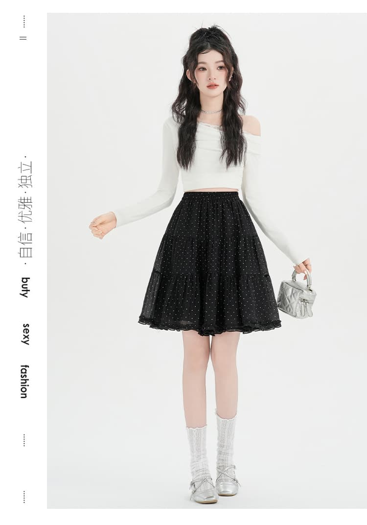 실사 레트로 도트 무늬 반신 스커트 여성 봄 여름 새로운 슬림해 보이는 A라인 스커트 프릴 패치워크 5 점 케이크 중간 스커트 상세 이미지 17