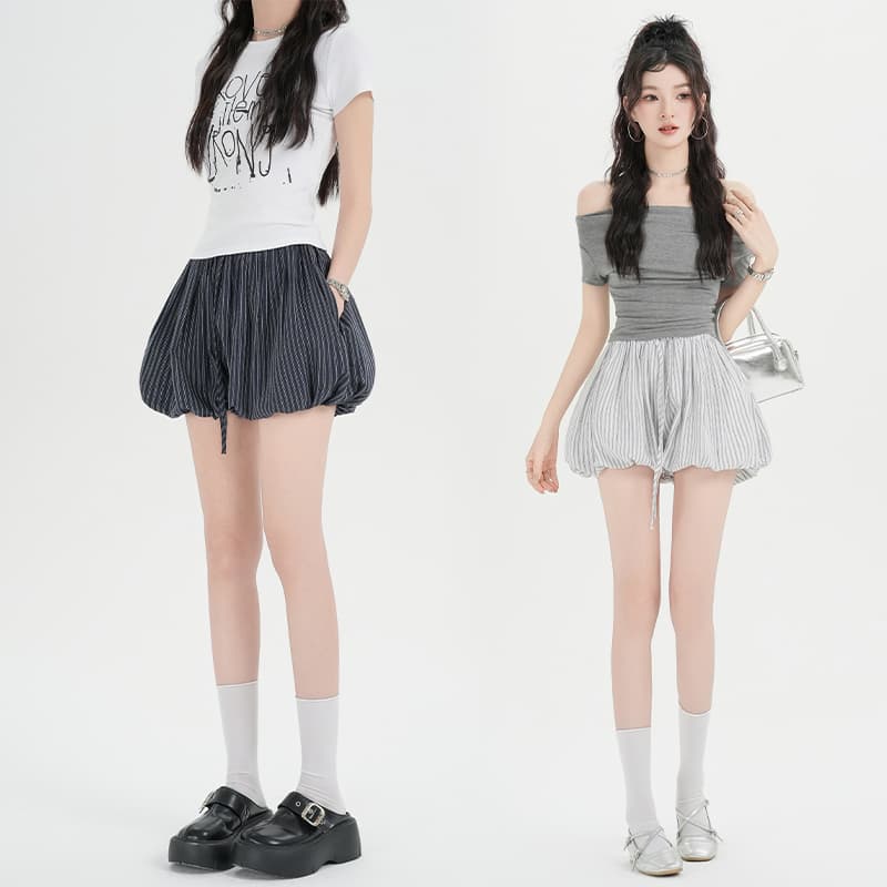 실사 레트로 스트라이프 캐주얼 꽃밭 반바지 여성 2026 새로운 펌프 로프 허리밴드 다용도 슬림해 보이는 스트레이트 팬츠 이미지 2