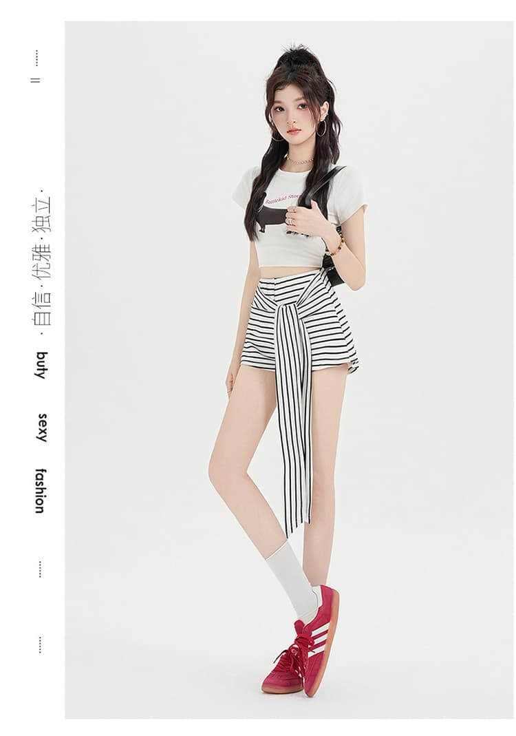 실사 아메리칸 핫걸 흑백 줄무늬 배색 스트랩 와이드 레깅스 바지 여름 캐주얼 다용도 핫 바지 짧은 바지 상세 이미지 15