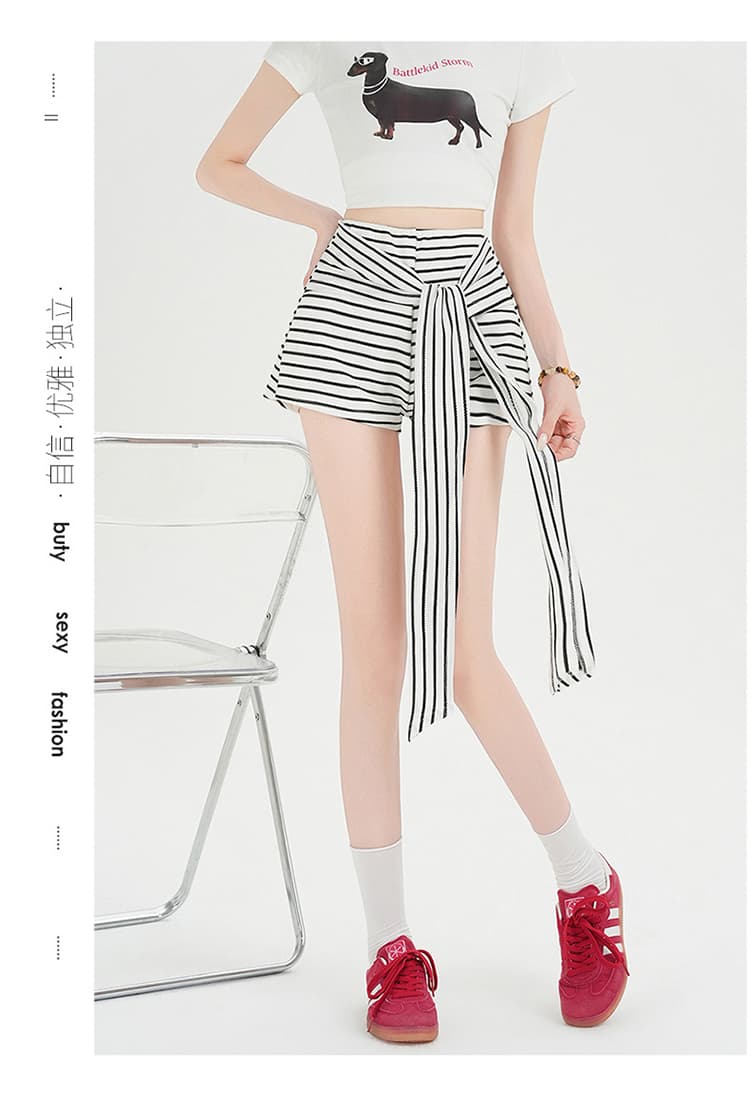실사 아메리칸 핫걸 흑백 줄무늬 배색 스트랩 와이드 레깅스 바지 여름 캐주얼 다용도 핫 바지 짧은 바지 상세 이미지 20