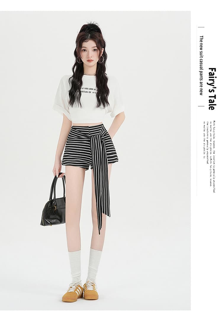 실사 아메리칸 핫걸 흑백 줄무늬 배색 스트랩 와이드 레깅스 바지 여름 캐주얼 다용도 핫 바지 짧은 바지 상세 이미지 25