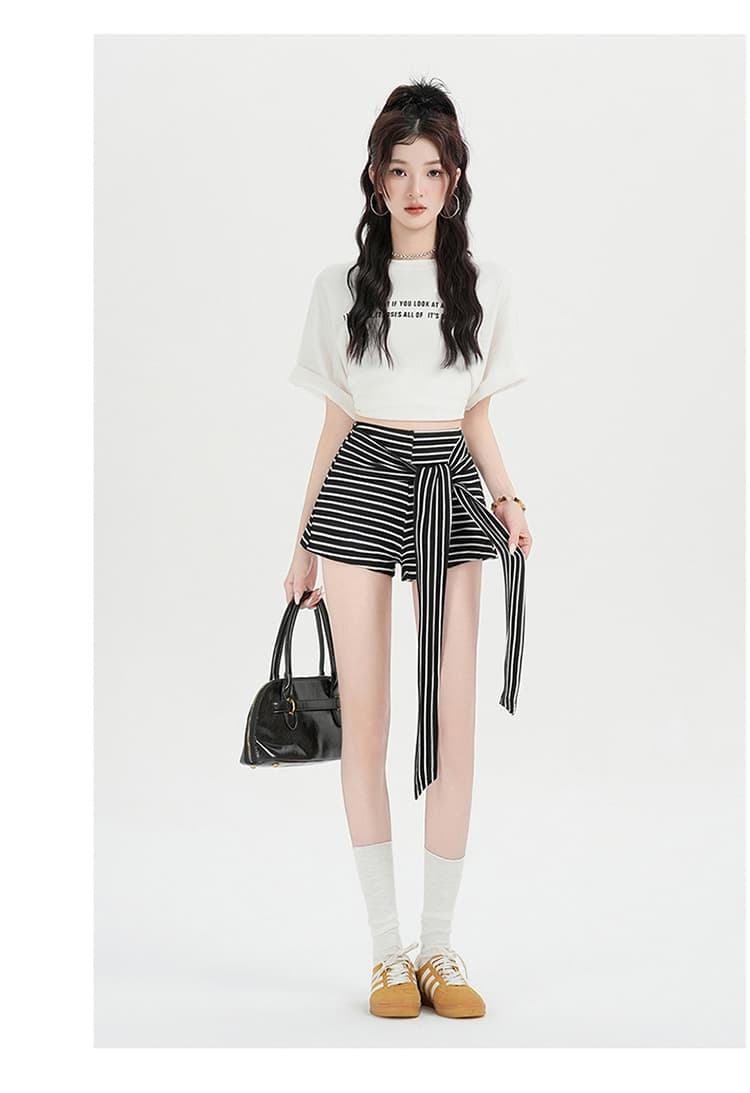 실사 아메리칸 핫걸 흑백 줄무늬 배색 스트랩 와이드 레깅스 바지 여름 캐주얼 다용도 핫 바지 짧은 바지 상세 이미지 26