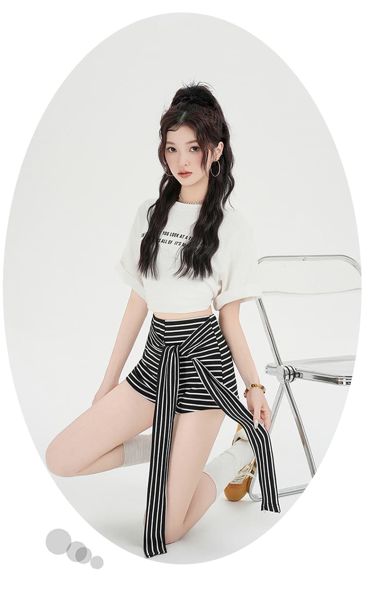 실사 아메리칸 핫걸 흑백 줄무늬 배색 스트랩 와이드 레깅스 바지 여름 캐주얼 다용도 핫 바지 짧은 바지 상세 이미지 27