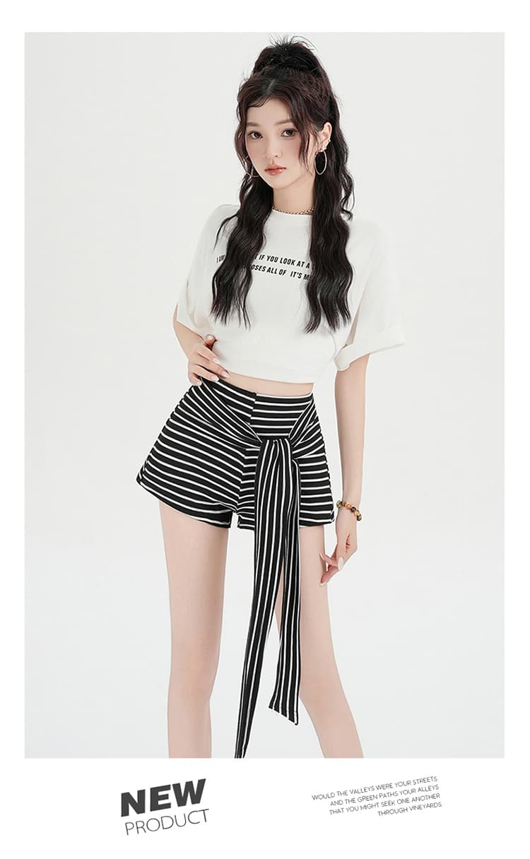 실사 아메리칸 핫걸 흑백 줄무늬 배색 스트랩 와이드 레깅스 바지 여름 캐주얼 다용도 핫 바지 짧은 바지 상세 이미지 28