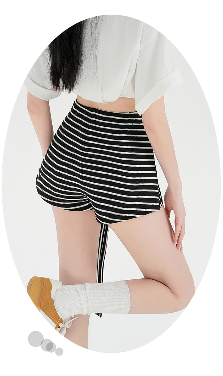 실사 아메리칸 핫걸 흑백 줄무늬 배색 스트랩 와이드 레깅스 바지 여름 캐주얼 다용도 핫 바지 짧은 바지 상세 이미지 32