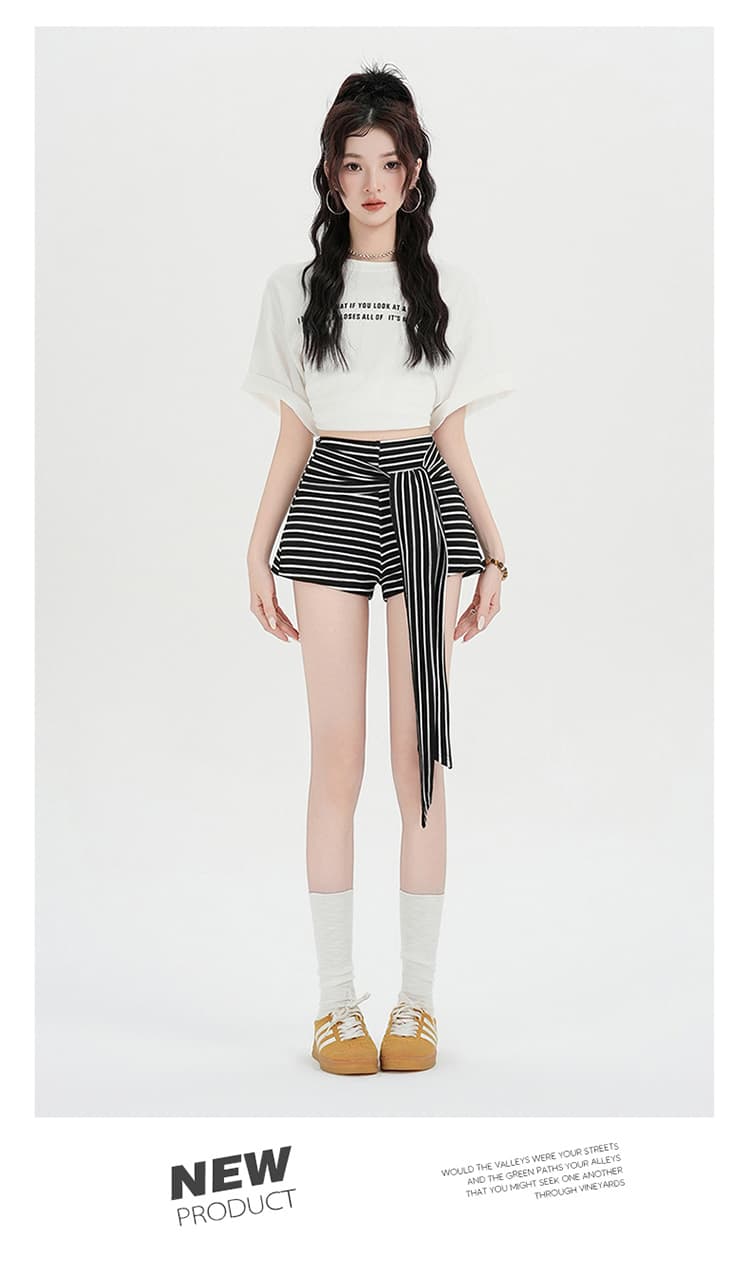 실사 아메리칸 핫걸 흑백 줄무늬 배색 스트랩 와이드 레깅스 바지 여름 캐주얼 다용도 핫 바지 짧은 바지 상세 이미지 33