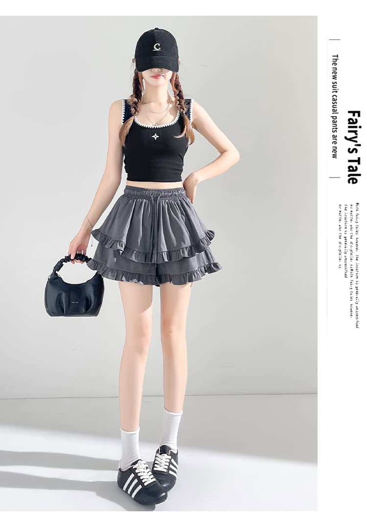 실사 프릴 캐주얼 반바지 여성 여름 펌프 로프 허리밴드 넓은 다리 핫 바지 슬림해 보이는 다용도 케이크 짧은 바지 상세 이미지 30