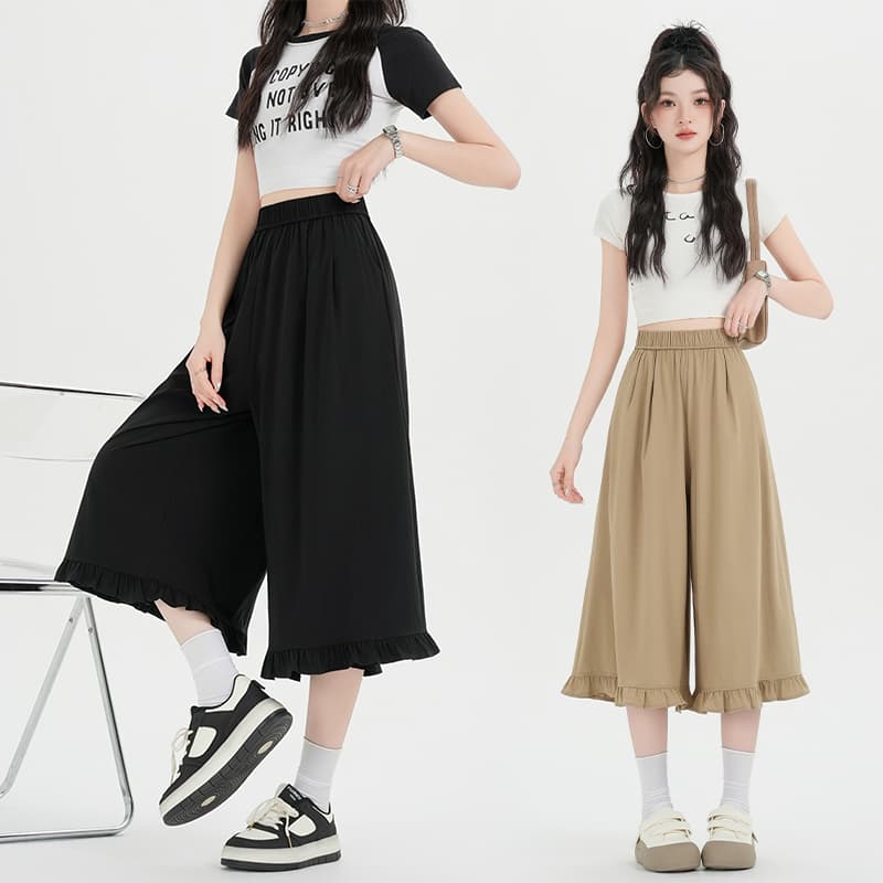 실사 하이웨이스트 프릴 와이드 레깅스 바지 도루 센스 얼음 실크 루즈핏 슬림해 보이는 캐주얼 바지 미니멀리즘 다용도 8 점 바지 이미지 3