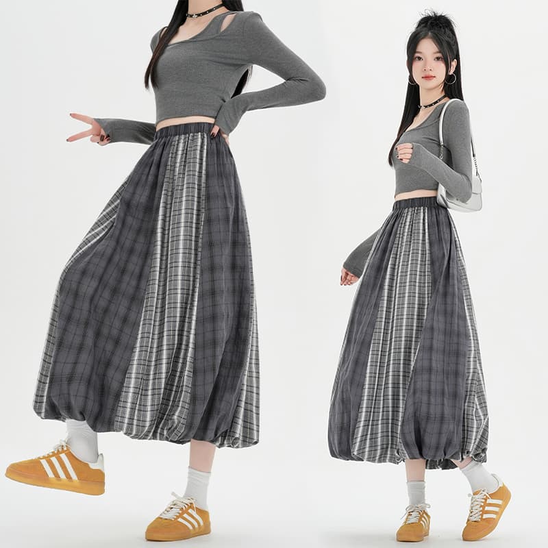 실사 레트로 체크무늬 패치워크 디자인 센스 꽃밭 반신 스커트 여성 새로운 밴딩 하이웨이스트 슬림해 보이는 한 마디 퍼프 스커트 이미지 3