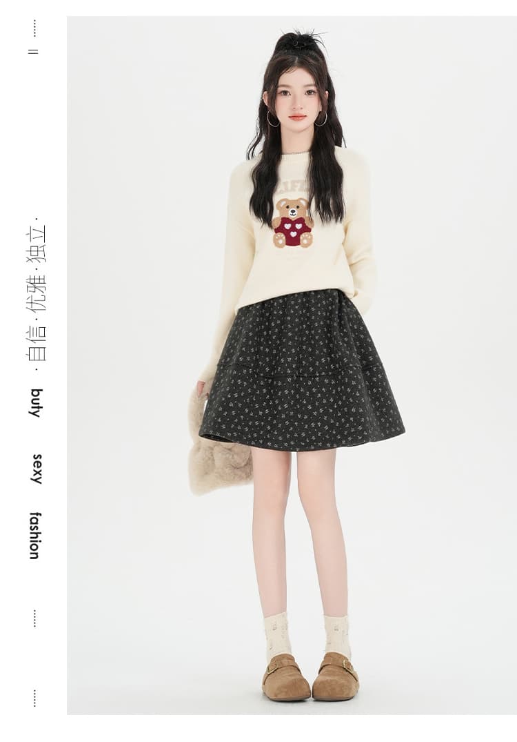 실사 꽃무늬 모직 패치워크 미니 스커트 여성 가을 겨울 새로운 하이웨이스트 슬림해 보이는 A라인 스커트 품격 다용도 반신 스커트 상세 이미지 24