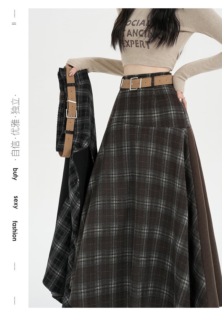 실사 커피 색상 한 부서 레트로 스타일 불규칙 패치워크 반신 스커트 여성 가을 겨울 체크무늬 품격 하이웨이스트 A라인 스커트 상세 이미지 26