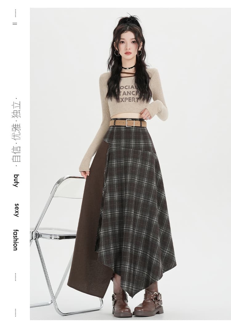 실사 커피 색상 한 부서 레트로 스타일 불규칙 패치워크 반신 스커트 여성 가을 겨울 체크무늬 품격 하이웨이스트 A라인 스커트 상세 이미지 31