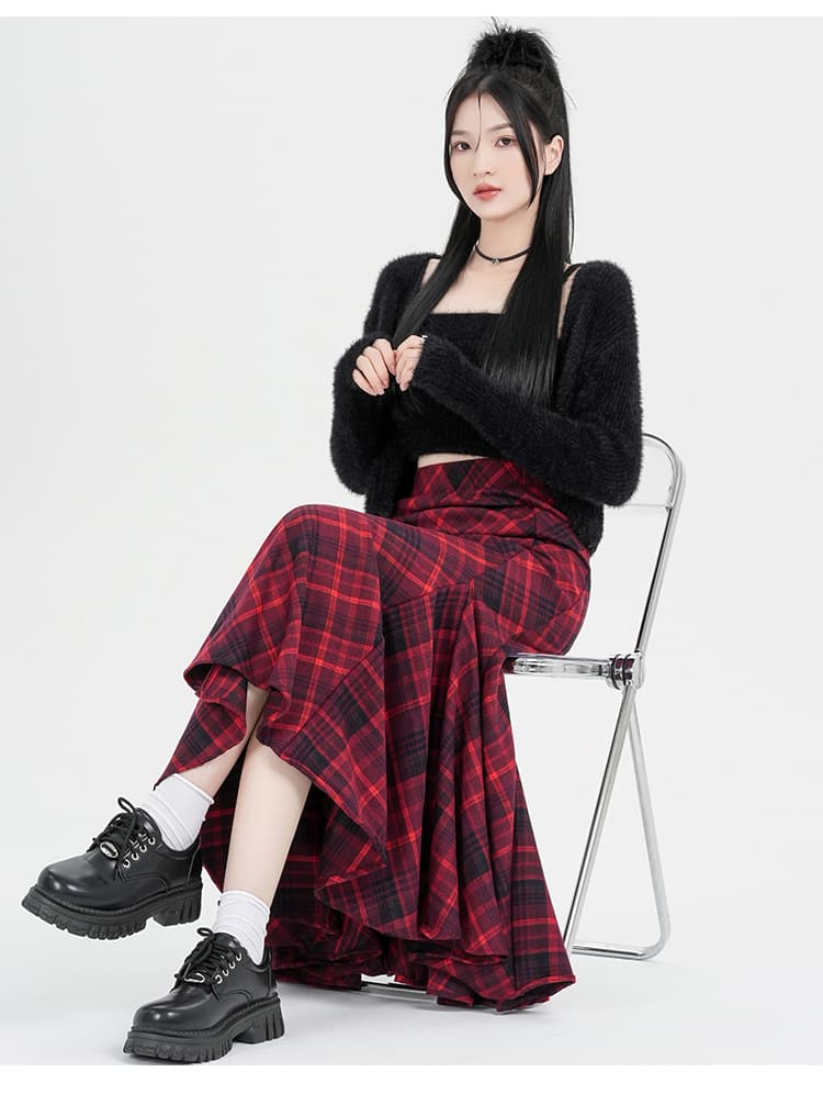 실사 레트로 빨간색 모직 체크무늬 반신 스커트 여성 새로운 하이웨이스트 한 마디 타이트 스커트 품격 롱 코트 인어 꼬리 치마 상세 이미지 15