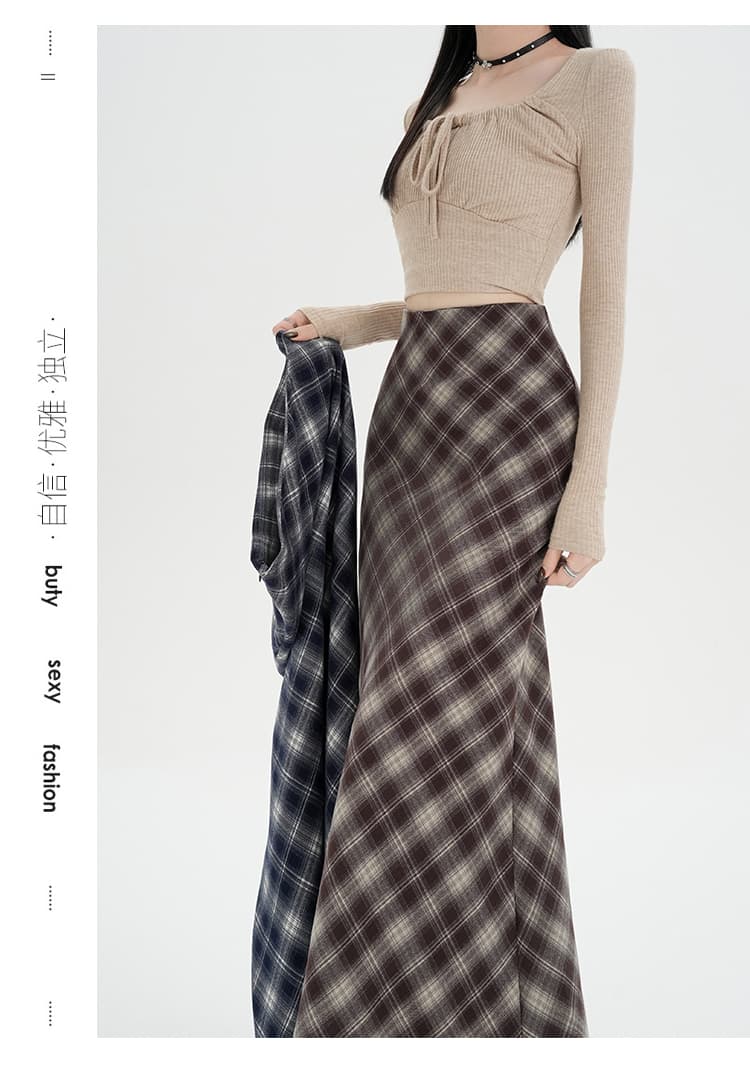 실사 2026 가을 새로운 레트로 체크무늬 트임 인어 꼬리 스커트 여자 중간 롱 스커트 슬림해 보이는 하이웨이스트 품격 반신 스커트 상세 이미지 24