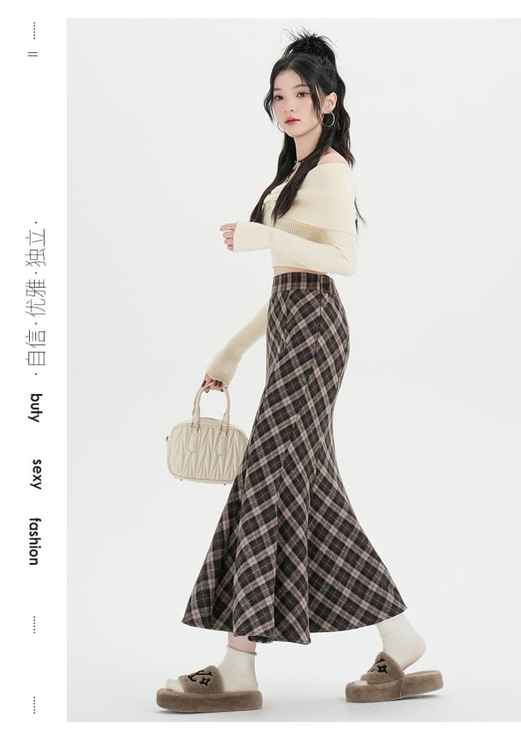 실사 2026 가을 겨울 새로운 모직 체크무늬 연삭 털 반신 스커트 여성 가을 겨울 새로운 두꺼운 한 마디 인어 꼬리 치마 상세 이미지 16