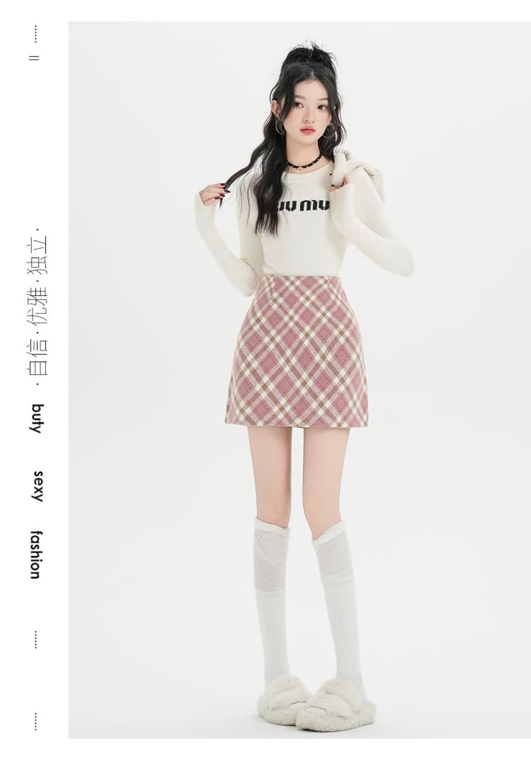 실사 2026 년 새로운 한 부서 달콤한 핫걸 핑크색 체크무늬 모직 반신 스커트 스트레이트 치마 중간 길이 A라인 스커트 상세 이미지 13