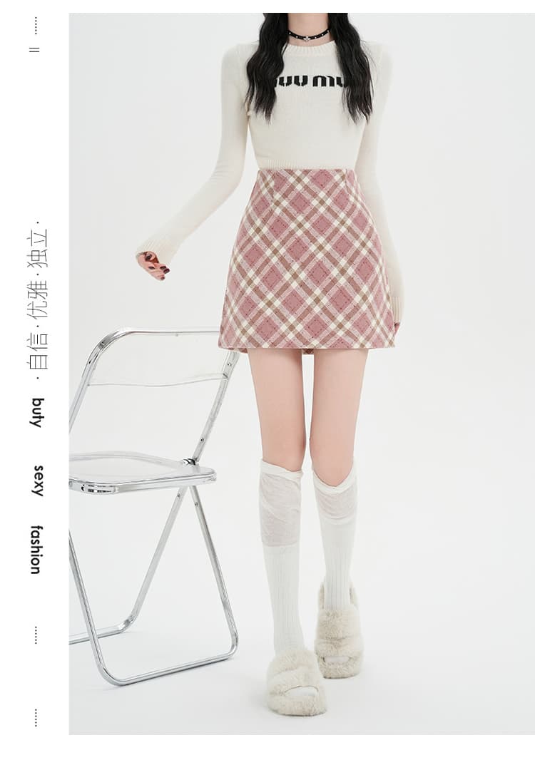 실사 2026 년 새로운 한 부서 달콤한 핫걸 핑크색 체크무늬 모직 반신 스커트 스트레이트 치마 중간 길이 A라인 스커트 상세 이미지 18
