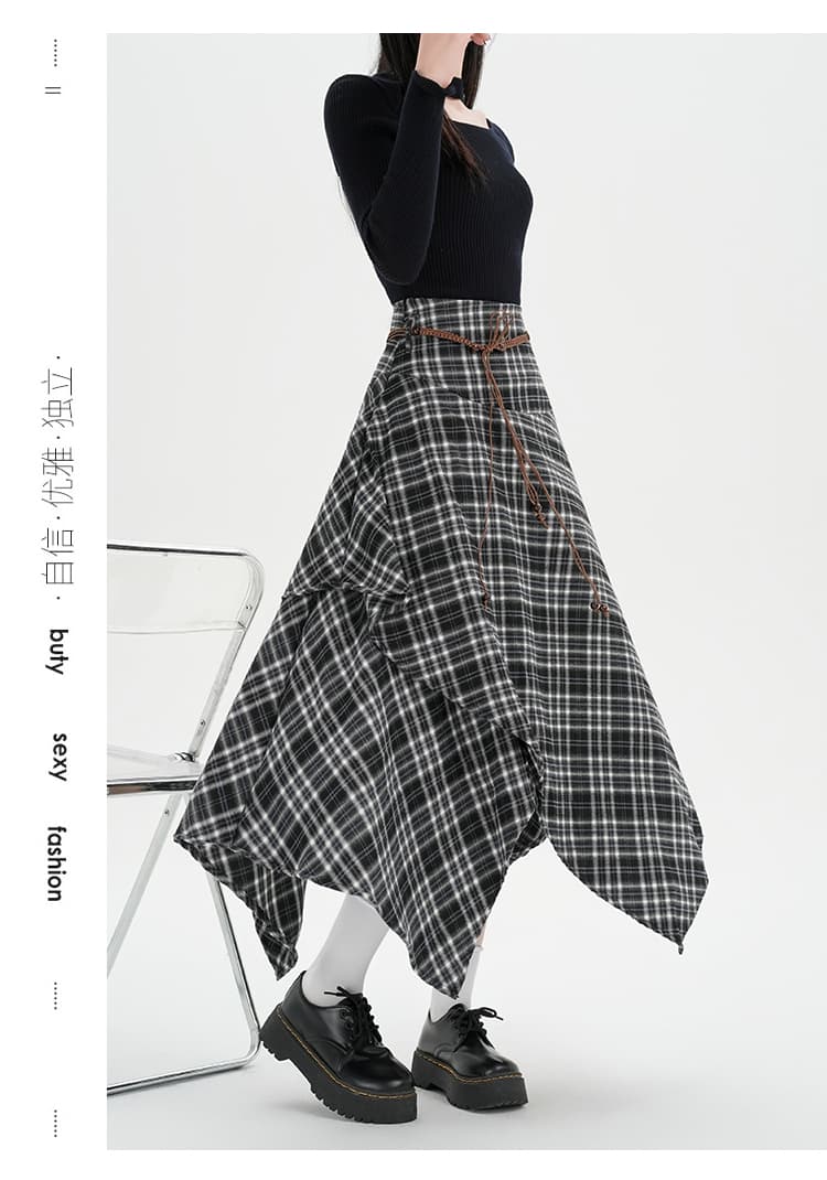 실사 디자인 센스 불규칙 체크무늬 반신 스커트 2026 가을 새로운 레트로 하이웨이스트 다용도 중 롱 스커트 여성 상세 이미지 19