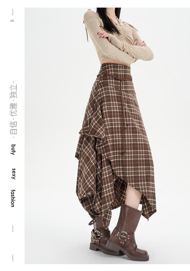 실사 디자인 센스 불규칙 체크무늬 반신 스커트 2026 가을 새로운 레트로 하이웨이스트 다용도 중 롱 스커트 여성 상세 이미지 28