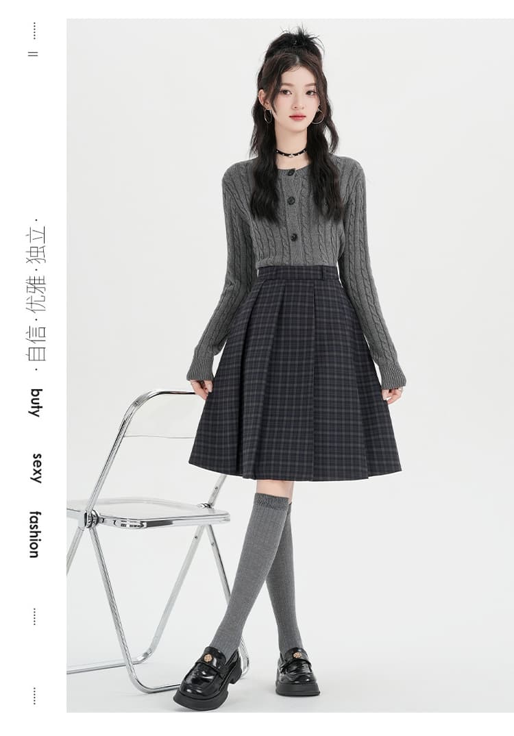 실사 클래식 레트로 체크무늬 플리츠 반신 스커트 여성 2026 가을 겨울철 새로운 하이웨이스트 슬림해 보이는 다용도 A라인 스커트 상세 이미지 32