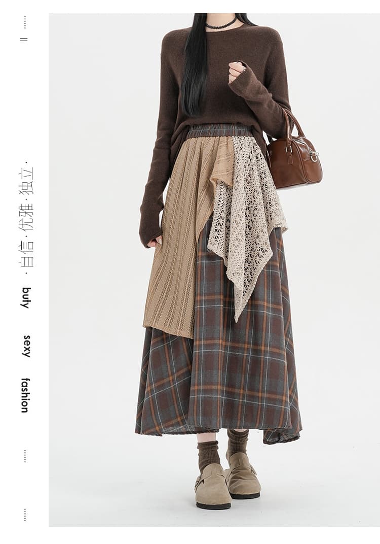 실사 2026 가을 겨울 새로운 레트로 브라운 불규칙 레이스 조각 체크무늬 한 마디 반신 치마 상세 이미지 14