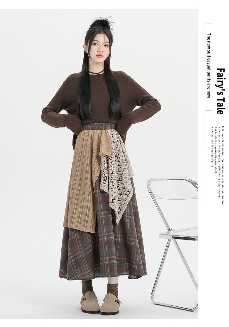 실사 2026 가을 겨울 새로운 레트로 브라운 불규칙 레이스 조각 체크무늬 한 마디 반신 치마 상세 이미지 18