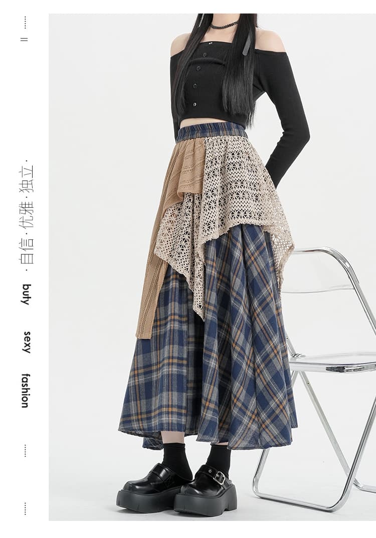 실사 2026 가을 겨울 새로운 레트로 브라운 불규칙 레이스 조각 체크무늬 한 마디 반신 치마 상세 이미지 29