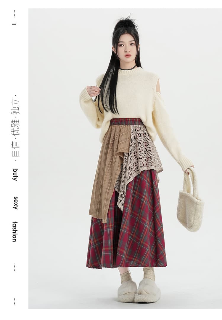 실사 2026 가을 겨울 새로운 레트로 브라운 불규칙 레이스 조각 체크무늬 한 마디 반신 치마 상세 이미지 44