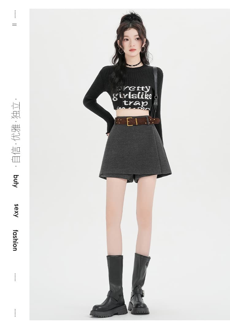 실사 레트로 패션 커피 색상 양모 니트 페이크 레이어드 치마바지 여성 겨울 품격 와이드 벨트 넓은 다리 캐주얼 부츠 반바지 상세 이미지 26